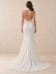 Halter Mermaid Wedding Dress with Sequined Draping and Open Back