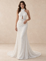 Halter Mermaid Wedding Dress with Sequined Draping and Open Back