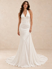 Halter V-Neck Satin Mermaid Wedding Dress with Sweep Train