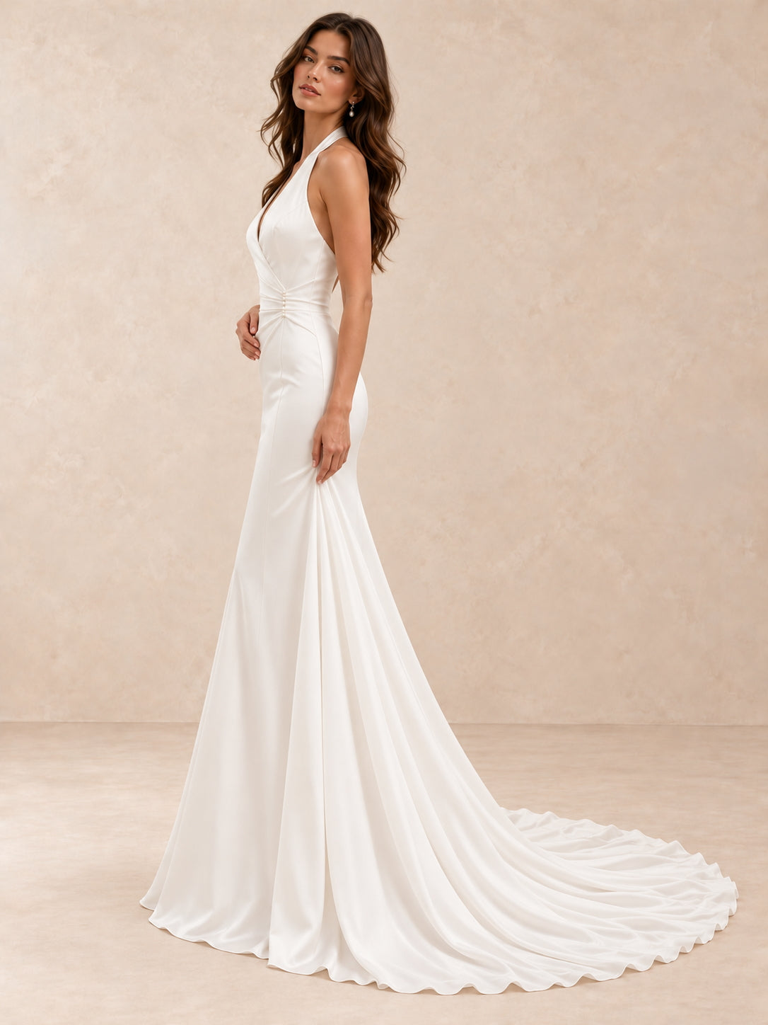Halter V-Neck Satin Mermaid Wedding Dress with Sweep Train