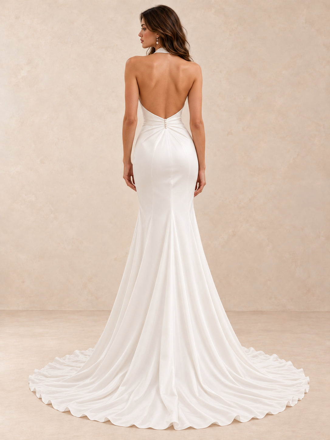 Halter V-Neck Satin Mermaid Wedding Dress with Sweep Train