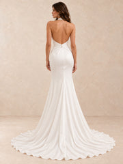 Halter V-Neck Satin Mermaid Wedding Dress with Sweep Train