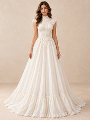 High-Neck Lace A-Line Tulle Wedding Dress with Ruffled Hem