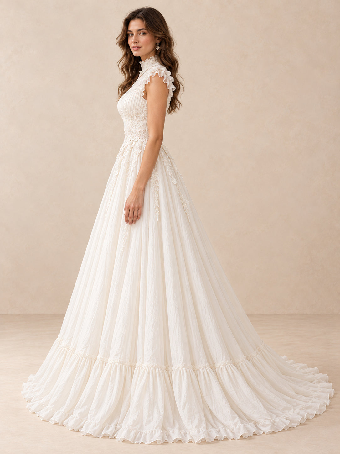 High-Neck Lace A-Line Tulle Wedding Dress with Ruffled Hem