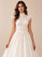 High-Neck Lace A-Line Tulle Wedding Dress with Ruffled Hem