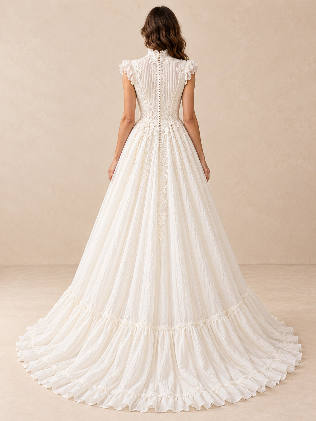 High-Neck Lace A-Line Tulle Wedding Dress with Ruffled Hem