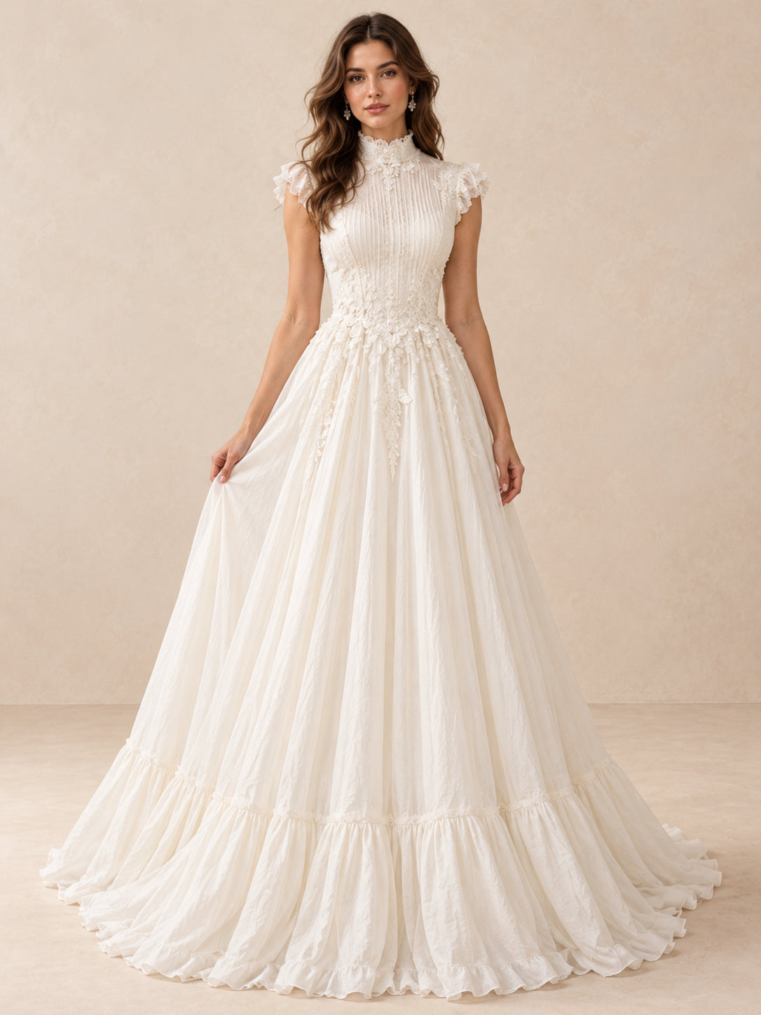 High-Neck Lace A-Line Tulle Wedding Dress with Ruffled Hem