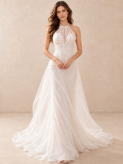 High Halter Illusion Lace Sleeveless Mermaid Wedding Dress
