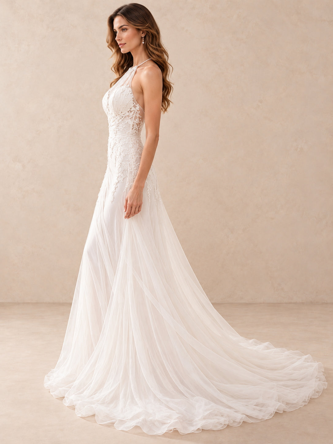 High Halter Illusion Lace Sleeveless Mermaid Wedding Dress