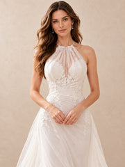 High Halter Illusion Lace Sleeveless Mermaid Wedding Dress