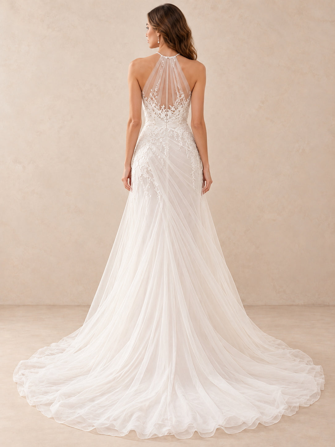 High Halter Illusion Lace Sleeveless Mermaid Wedding Dress