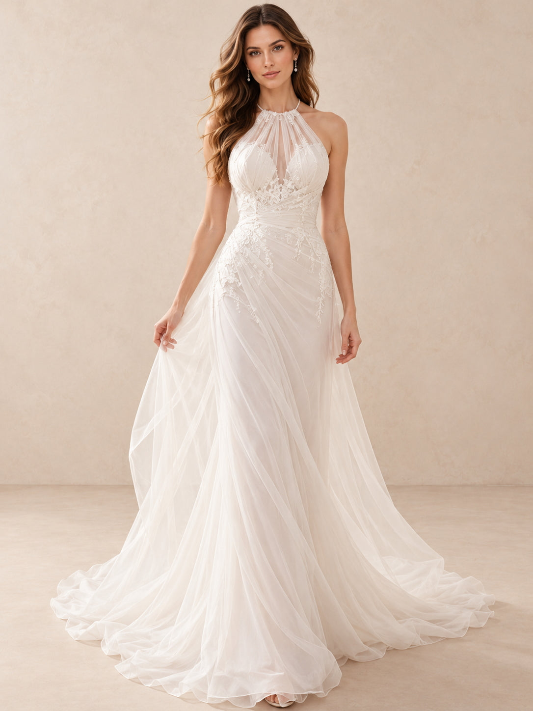 High Halter Illusion Lace Sleeveless Mermaid Wedding Dress