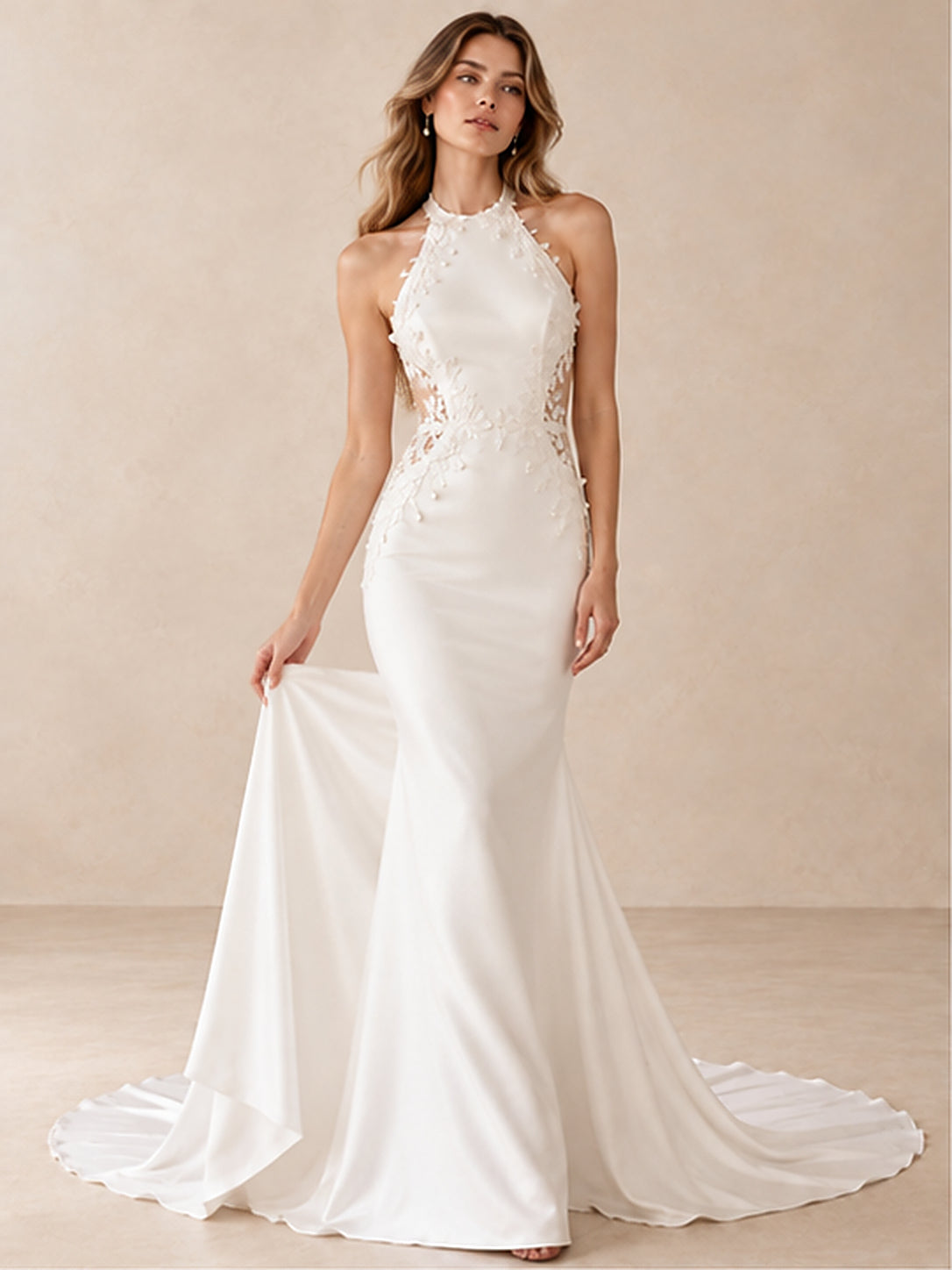 High Neck Lace Appliqué Crepe Mermaid Wedding Dress with Sweep Train