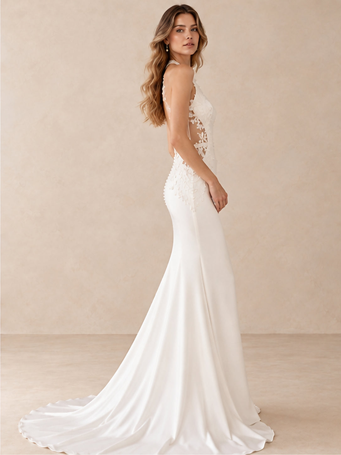 High Neck Lace Appliqué Crepe Mermaid Wedding Dress with Sweep Train