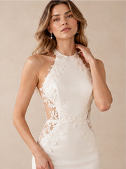 High Neck Lace Appliqué Crepe Mermaid Wedding Dress with Sweep Train