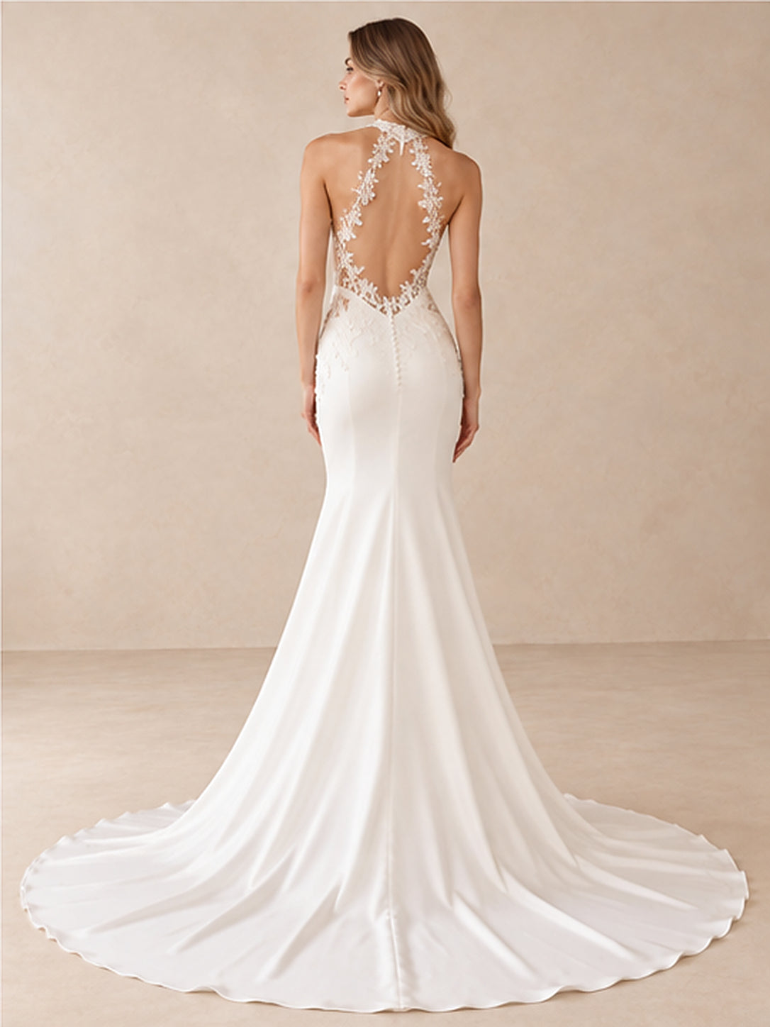High Neck Lace Appliqué Crepe Mermaid Wedding Dress with Sweep Train