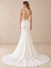 High Neck Lace Appliqué Crepe Mermaid Wedding Dress with Sweep Train