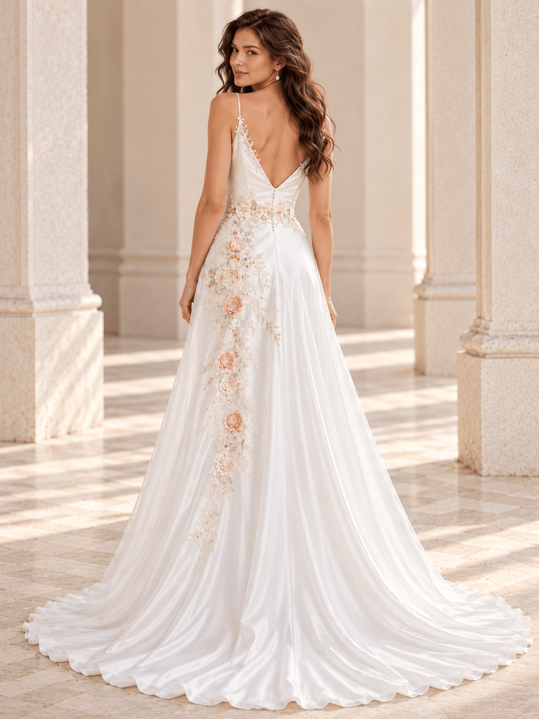 Ivory Satin A-Line Wedding Dress with V-Neck Lace Trim & Floral Appliqués