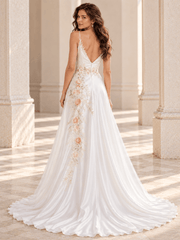 Ivory Satin A-Line Wedding Dress with V-Neck Lace Trim & Floral Appliqués