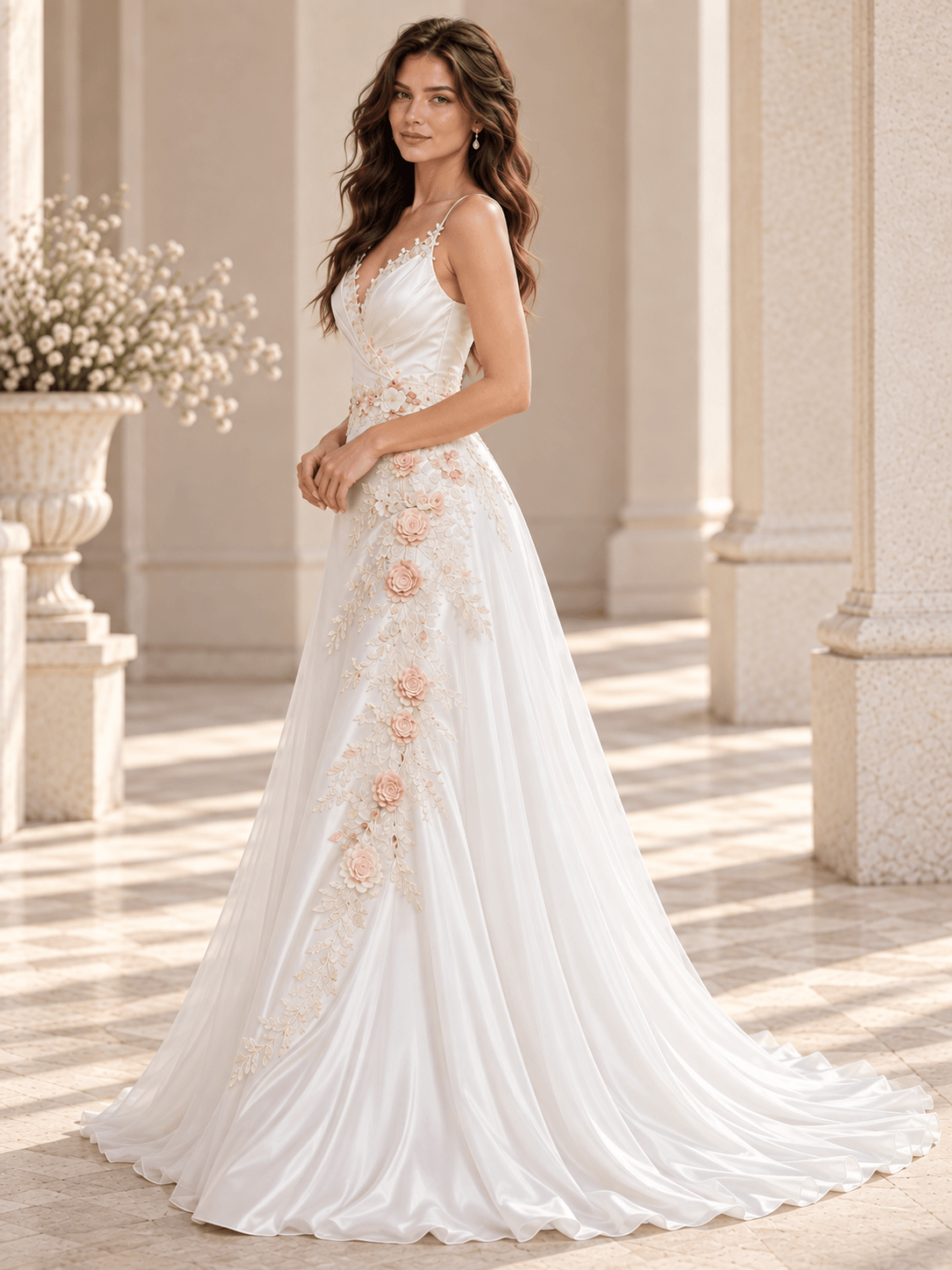 Ivory Satin A-Line Wedding Dress with V-Neck Lace Trim & Floral Appliqués