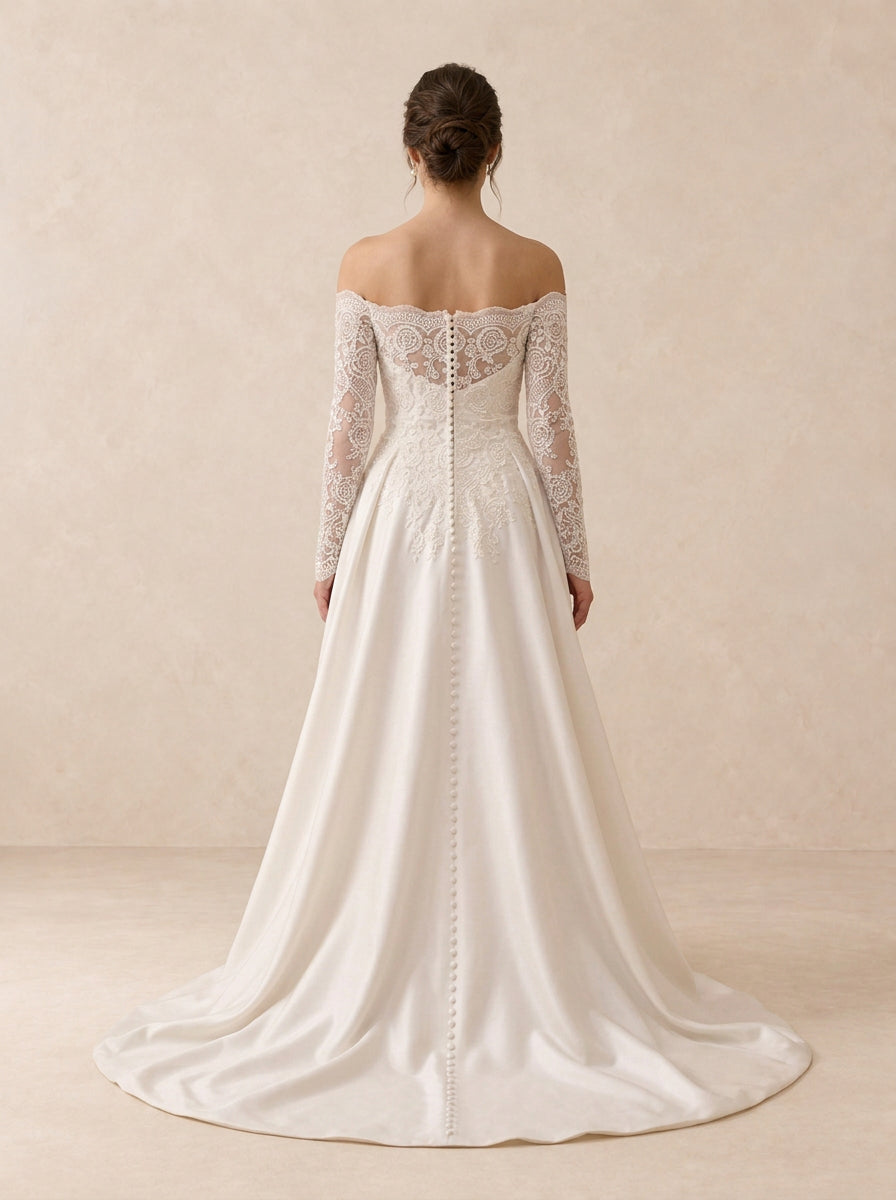 Lace Appliqué Off-the-Shoulder Satin A-Line Wedding Dress with Chapel Train