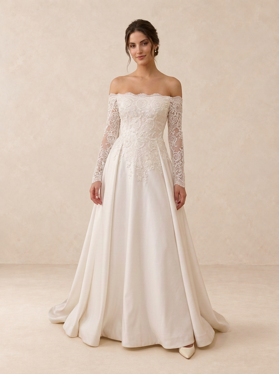 Lace Appliqué Off-the-Shoulder Satin A-Line Wedding Dress with Chapel Train