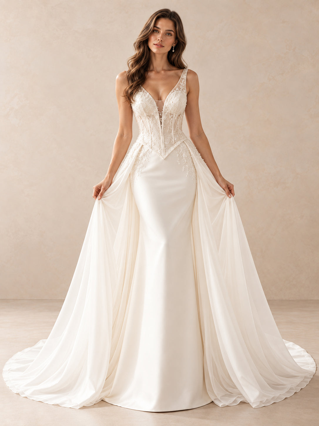 Lace Corset Bridal Gown with Draped Overskirt & Sweep Train