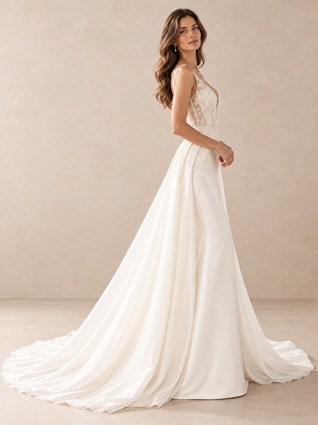 Lace Corset Bridal Gown with Draped Overskirt & Sweep Train