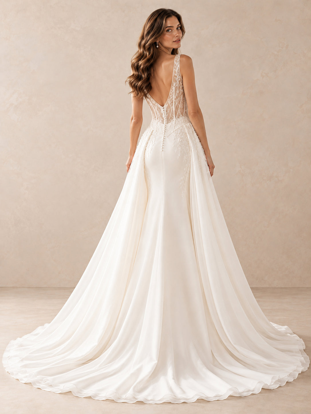 Lace Corset Bridal Gown with Draped Overskirt & Sweep Train