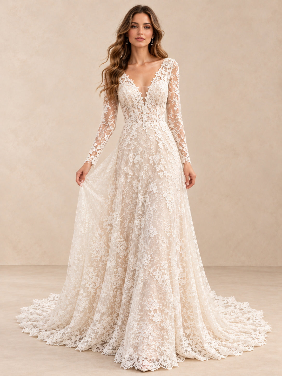 Lace Long Sleeve V-Neck A-Line Wedding Dress with Sweep Train