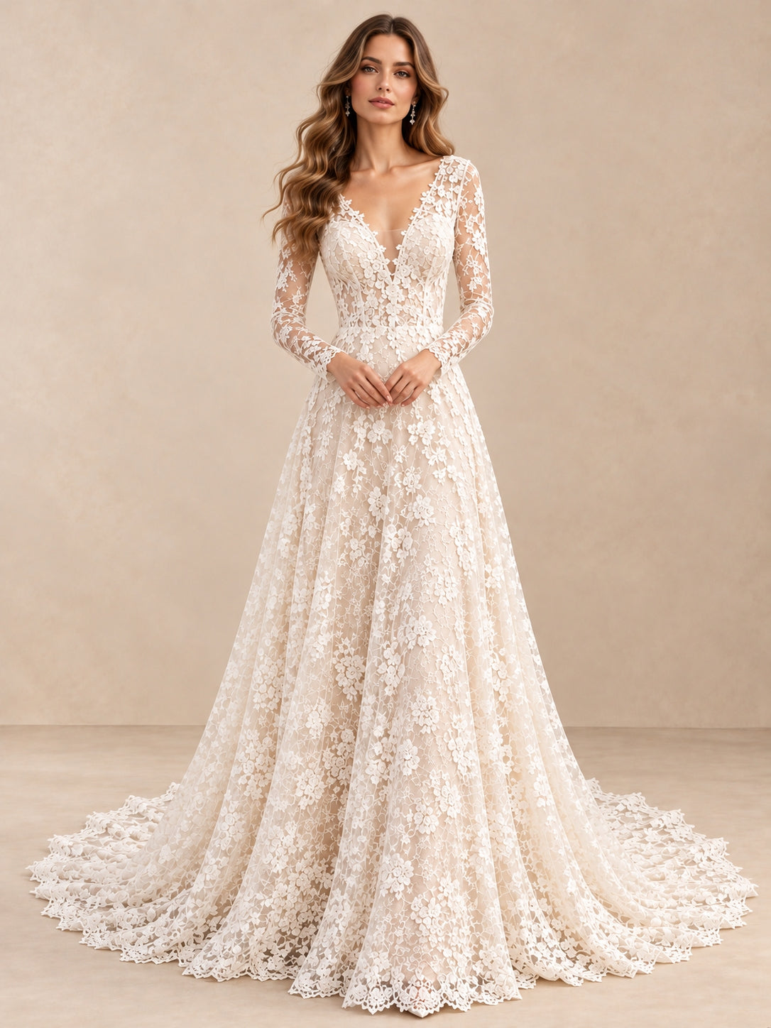 Lace Long Sleeve V-Neck A-Line Wedding Dress with Sweep Train