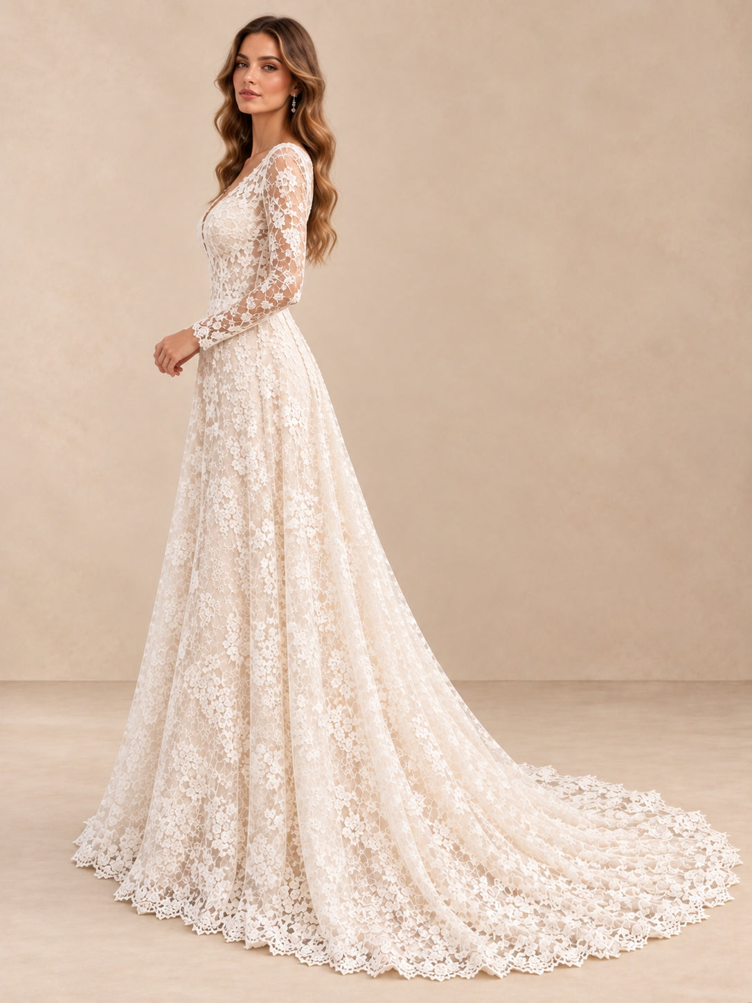 Lace Long Sleeve V-Neck A-Line Wedding Dress with Sweep Train