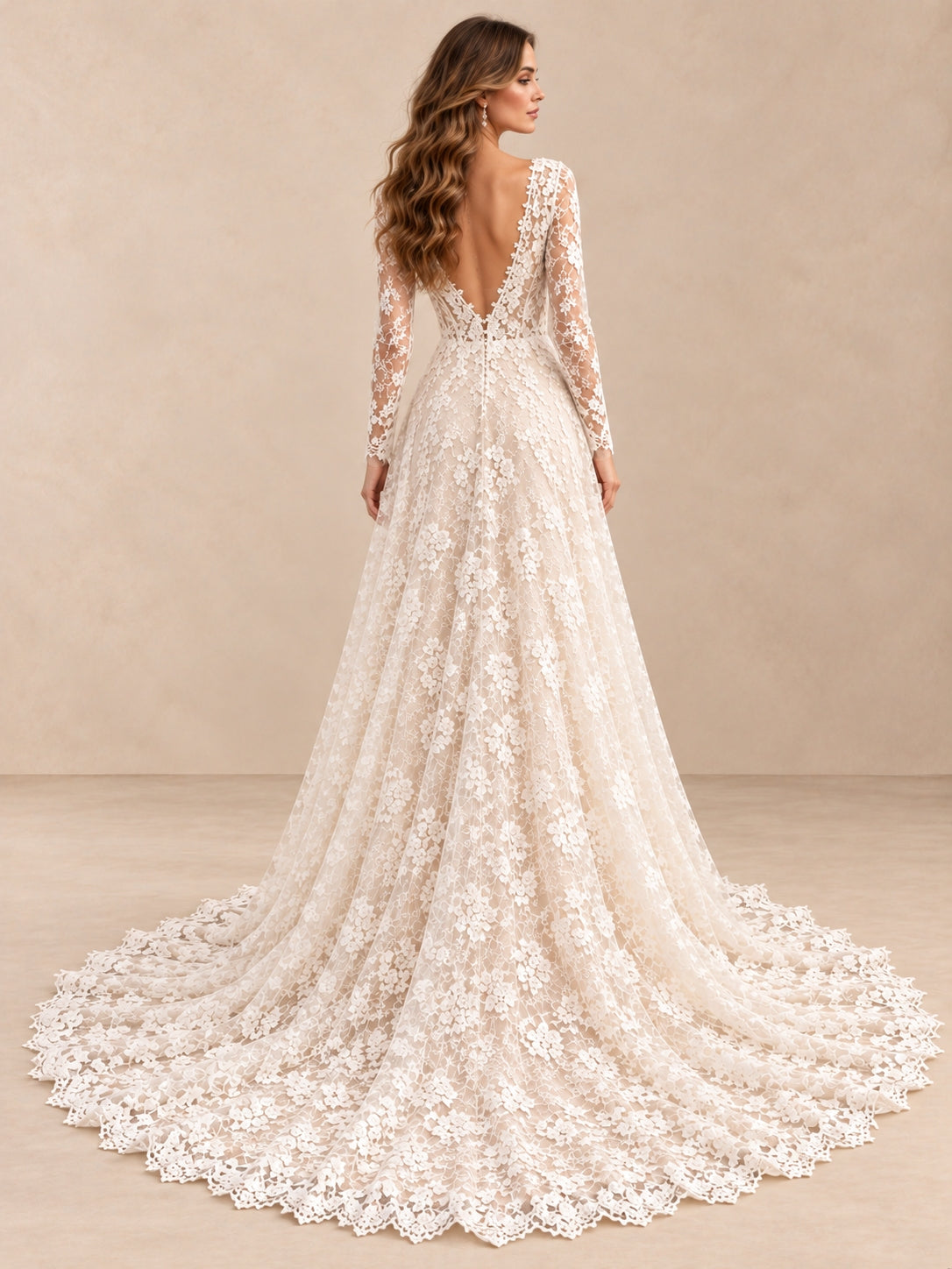 Lace Long Sleeve V-Neck A-Line Wedding Dress with Sweep Train