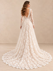 Lace Long Sleeve V-Neck A-Line Wedding Dress with Sweep Train