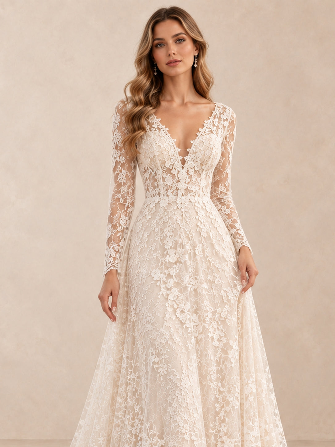 Lace Long Sleeve V-Neck A-Line Wedding Dress with Sweep Train