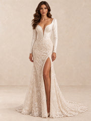 Long-Sleeve Lace Mermaid Wedding Dress with Plunging V-Neck