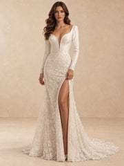 Long-Sleeve Lace Mermaid Wedding Dress with Plunging V-Neck