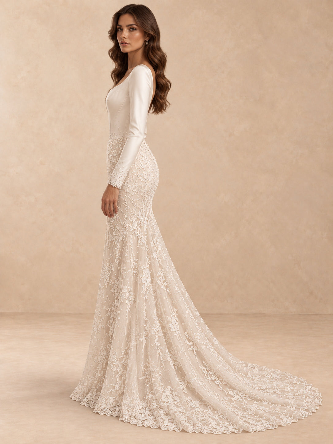 Long-Sleeve Lace Mermaid Wedding Dress with Plunging V-Neck
