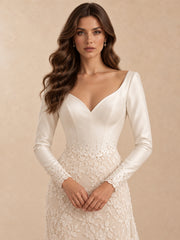 Long-Sleeve Lace Mermaid Wedding Dress with Plunging V-Neck