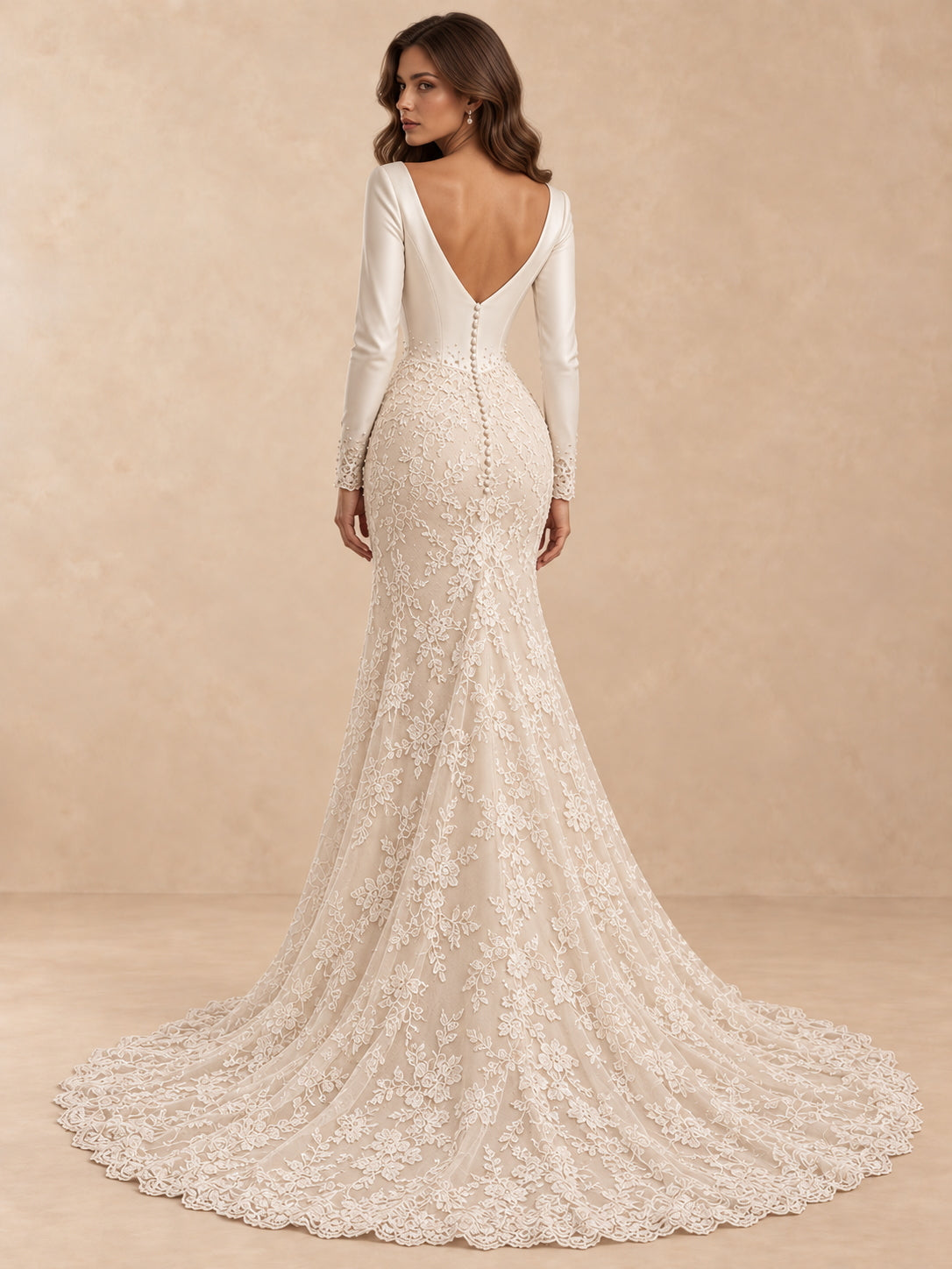 Long-Sleeve Lace Mermaid Wedding Dress with Plunging V-Neck