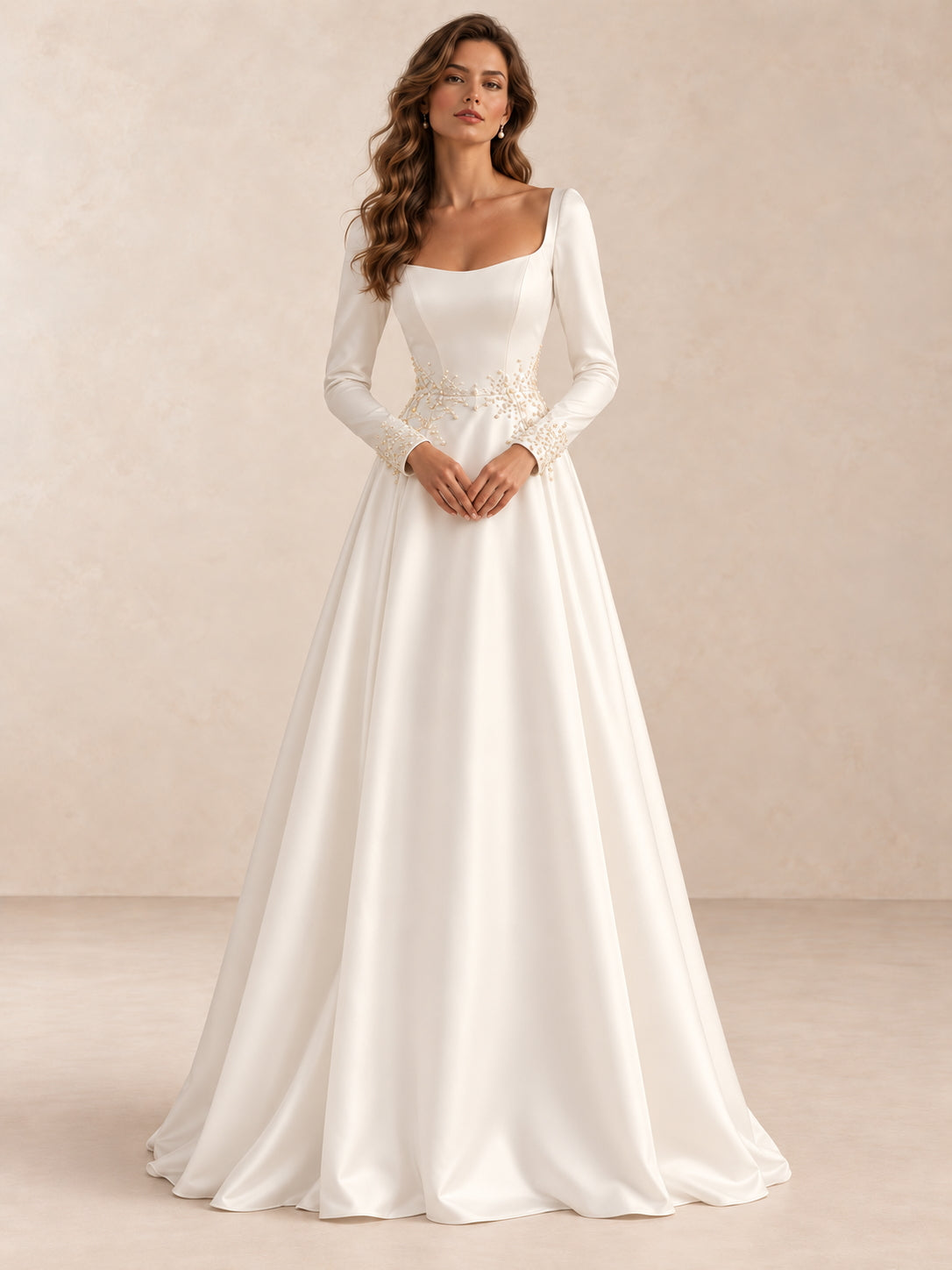 Long Sleeve Satin A-Line Wedding Dress with Pearl Beading Waist