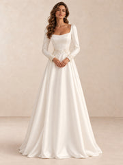 Long Sleeve Satin A-Line Wedding Dress with Pearl Beading Waist