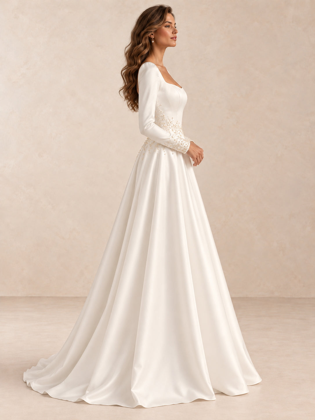 Long Sleeve Satin A-Line Wedding Dress with Pearl Beading Waist