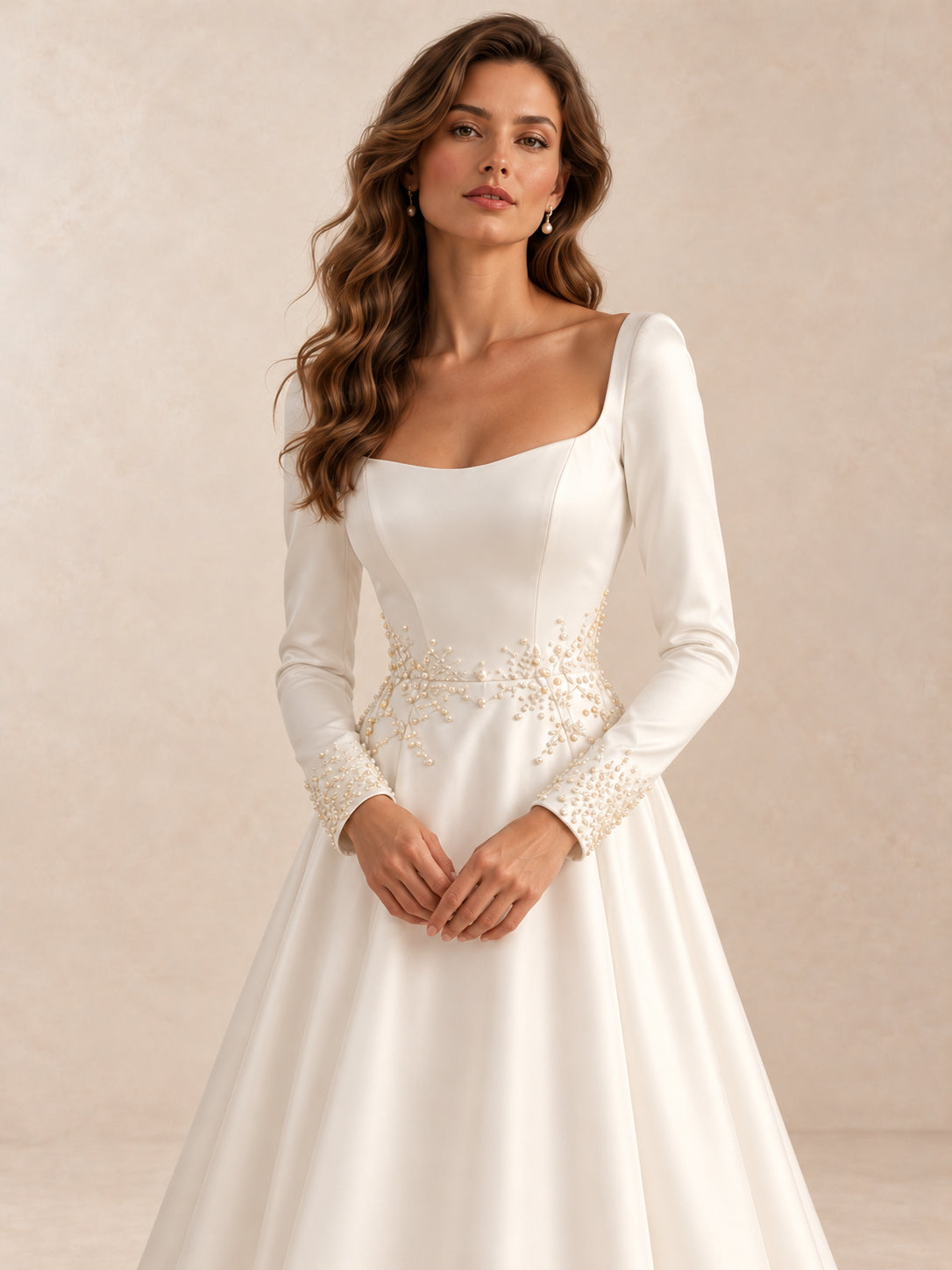Long Sleeve Satin A-Line Wedding Dress with Pearl Beading Waist