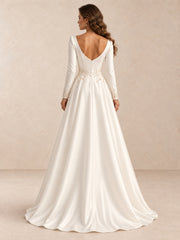 Long Sleeve Satin A-Line Wedding Dress with Pearl Beading Waist