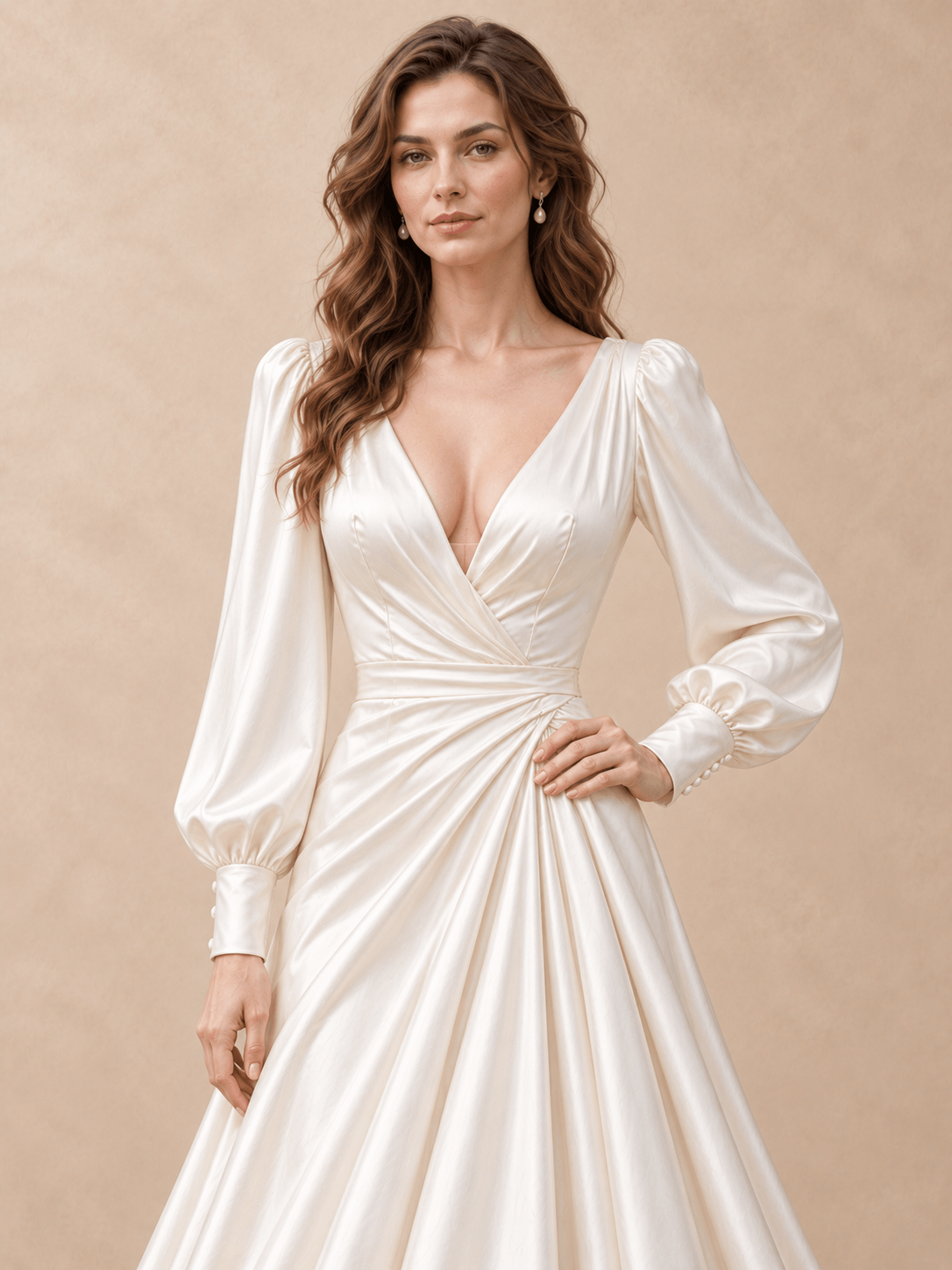 Long Sleeve V-Neck Satin A-Line Wedding Dress with Draped Waist
