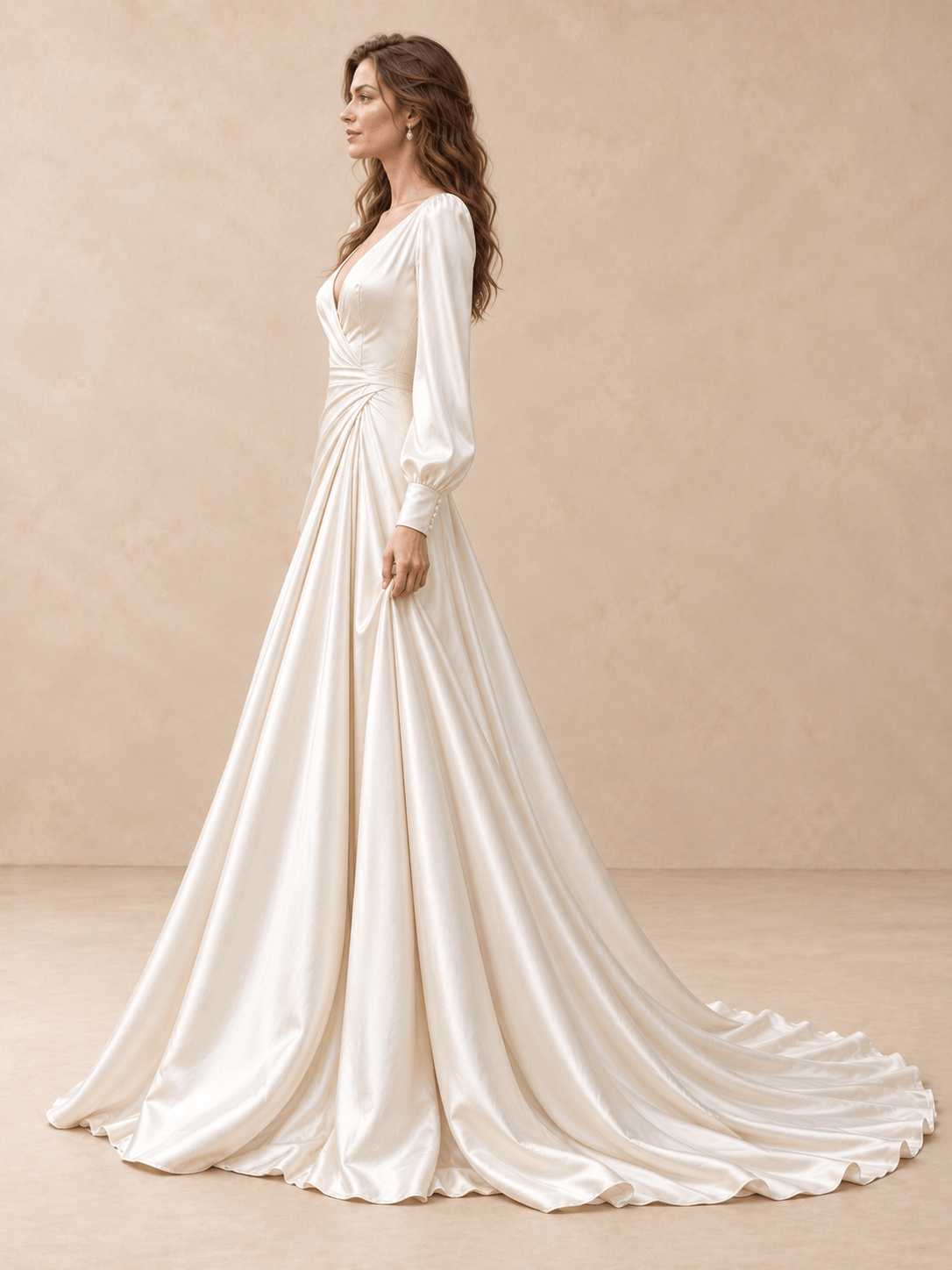 Long Sleeve V-Neck Satin A-Line Wedding Dress with Draped Waist