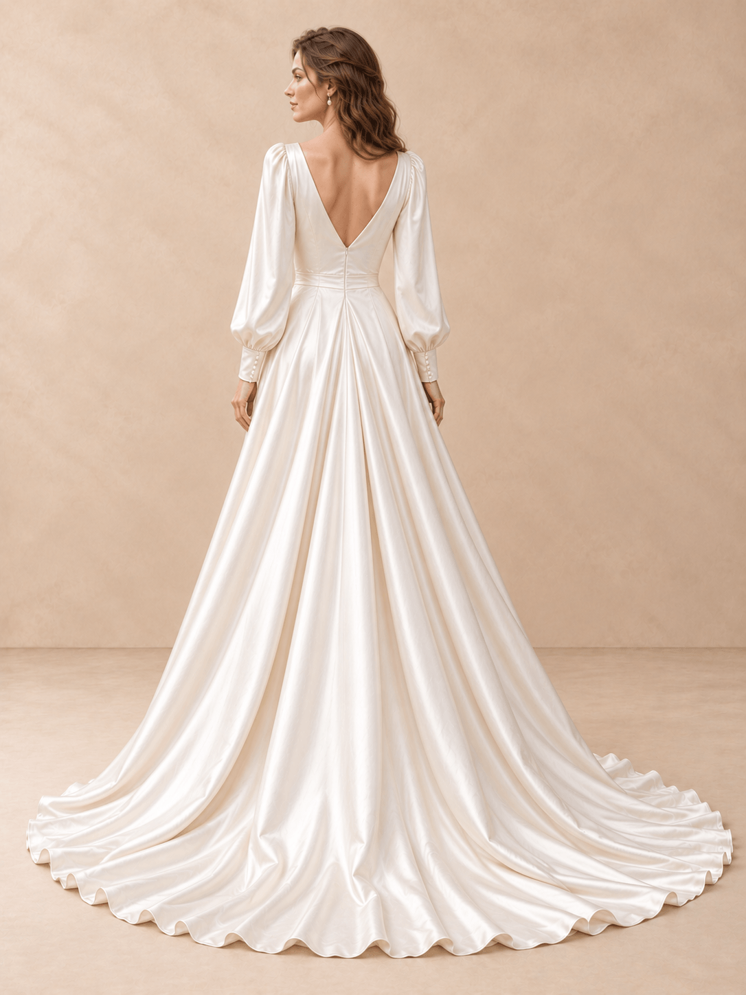 Long Sleeve V-Neck Satin A-Line Wedding Dress with Draped Waist