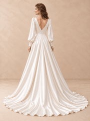 Long Sleeve V-Neck Satin A-Line Wedding Dress with Draped Waist