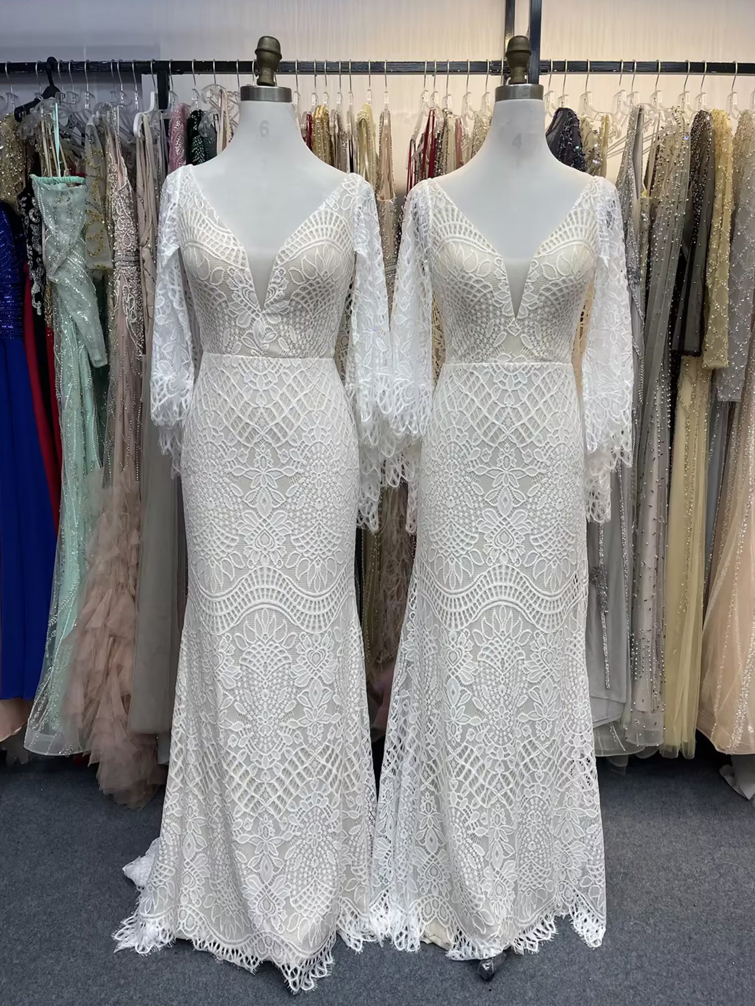 Long Sleeves Lace Mermaid Wedding Dress with V-Neck and Chapel Train
